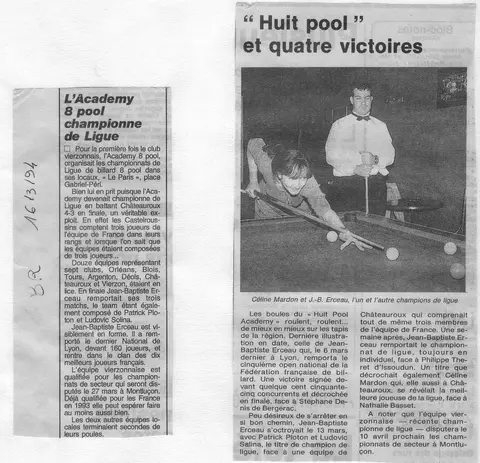 Coupure de presse : Champion de Ligue de l'Orléanais 1994 et vainqueur du Tournoi National de Lyon, mars 1994