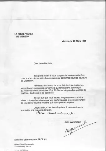Coupure de presse : Lettre de félicitations du sous-préfet de Vierzon, M. Jean Wzgarda, 1995