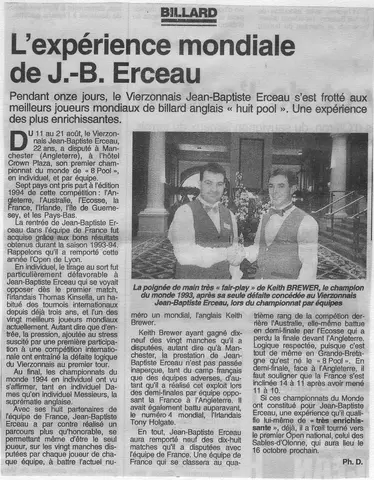 Coupure de presse : Résultats des Championnats du Monde WEPF 1994 (1er tour individuel, demi-finale par équipe)