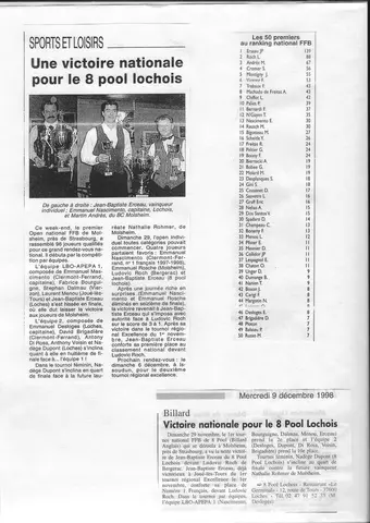 Coupure de presse : Article de France Billard, mi-saison 1998-1999 (2)